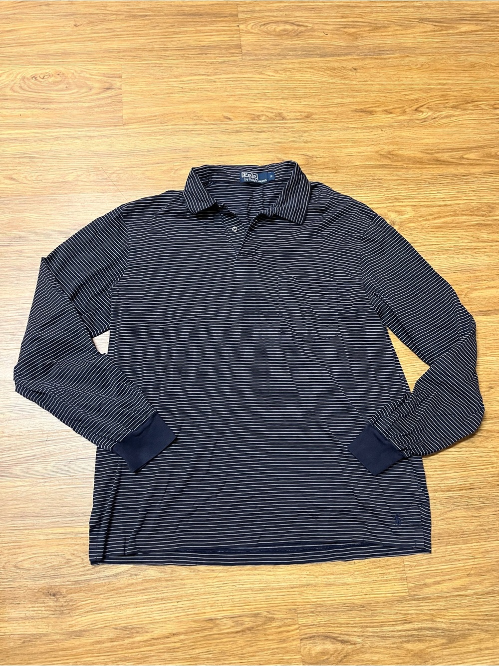 Vintage Polo by Ralph Lauren Navy Blue Striped Long Sleeve Polo Shirt Men's M